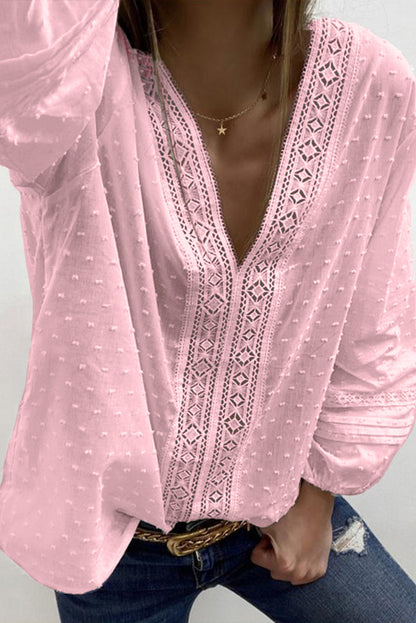 V Neck 3/4 Sleeve Swiss Dot Casual Shirt