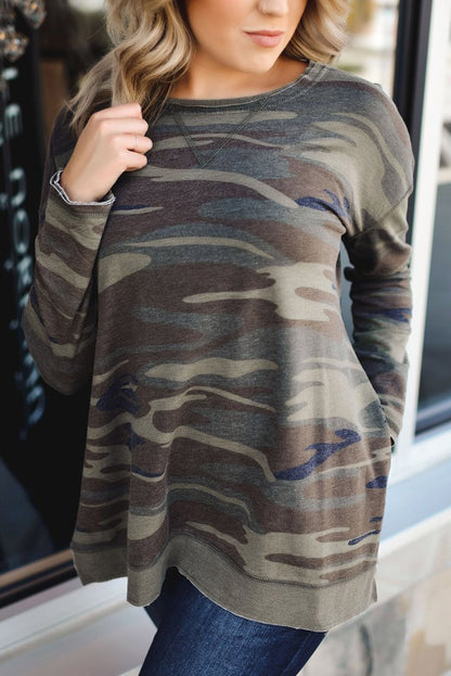 Oversize Camo Print Side Slits Hi-lo Hemline Sweatshirt