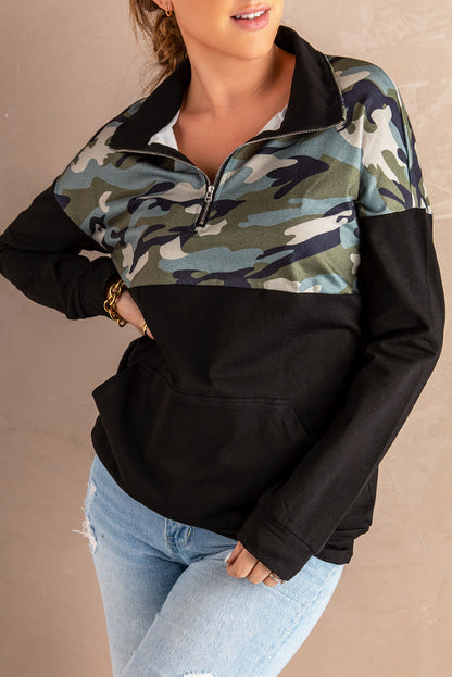 Sweat-shirt à col zippé et poche kangourou rose à imprimé floral