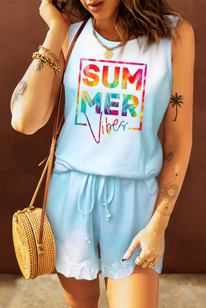 Débardeur bleu clair et short à volants 