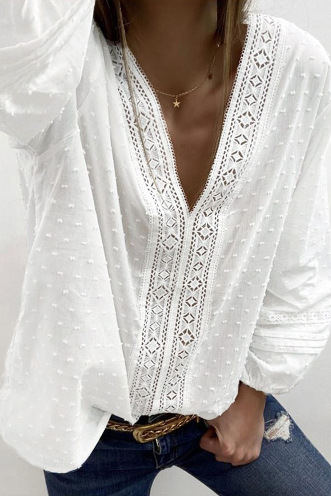 V Neck 3/4 Sleeve Swiss Dot Casual Shirt