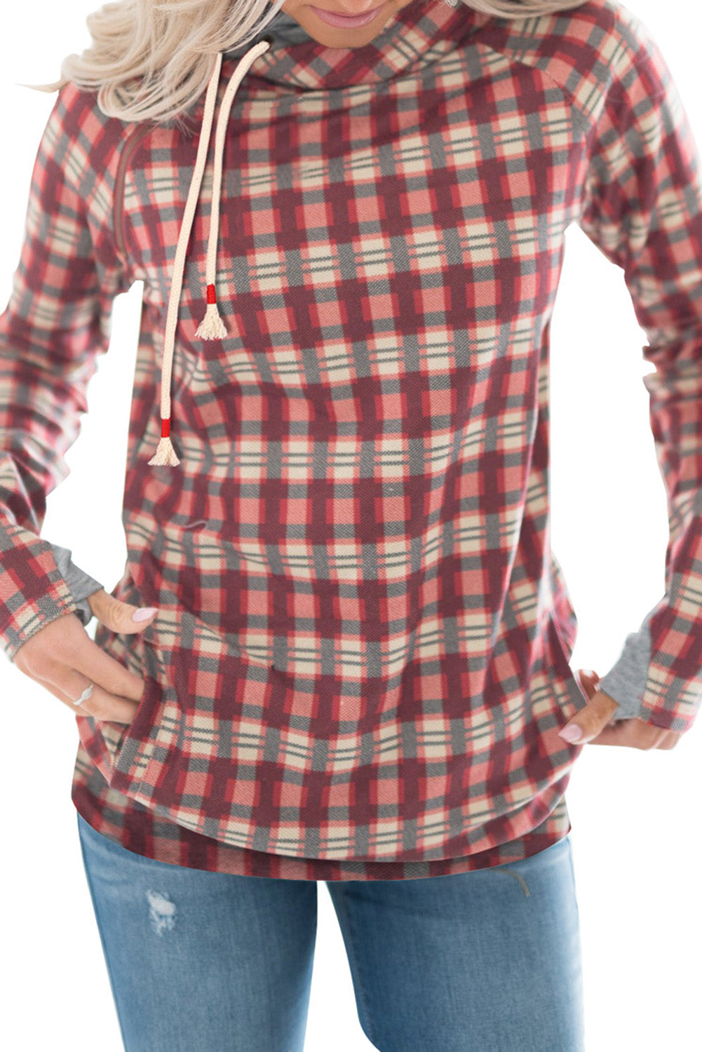 Cowl Neck Plaid Drawstring Hoodie with Thumb Hole
