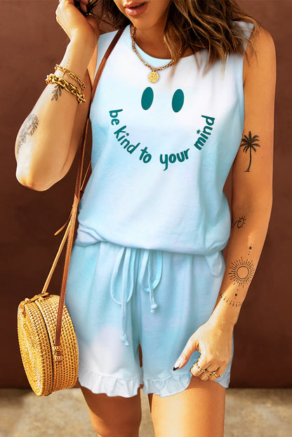 Débardeur bleu clair et short à volants 
