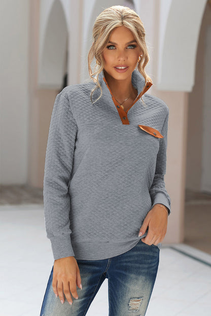 Dark Gray Quilted Snaps Stand Neck Sweatshirt with Fake Front Pocket