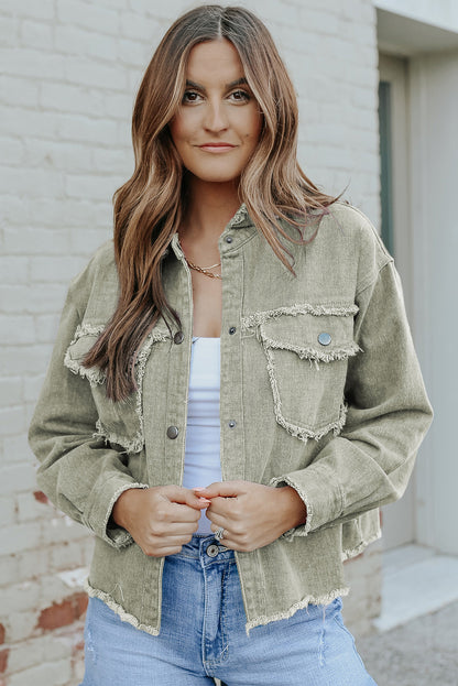 Distressed Flap Pockets Frayed Hemline Denim Jacket