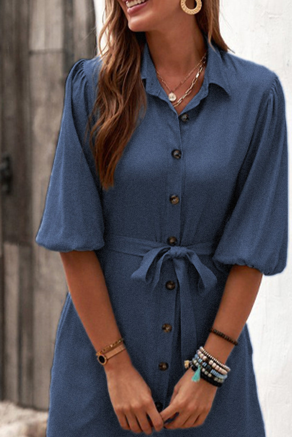 Buttoned Tie Waist Denim Shirt Mini Dress