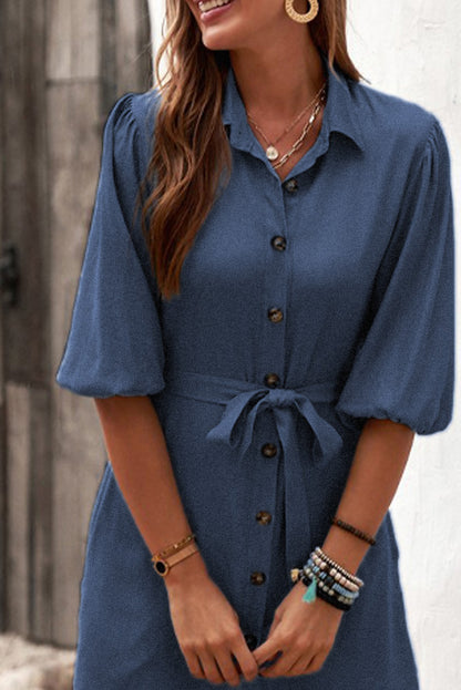 Buttoned Tie Waist Denim Shirt Mini Dress