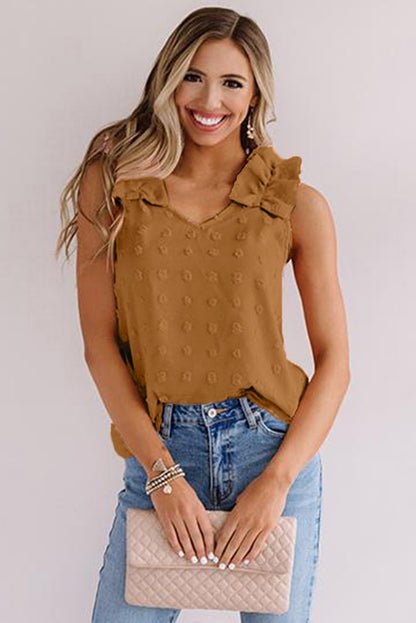 Top sin mangas de tejido Swiss Dot con tirantes con volantes 