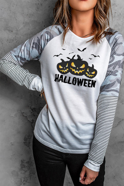 Round Neck Raglan Sleeve Camo Striped Patchwork Top