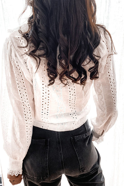 Lace Trim Hollow-out Button-up Long Sleeve Shirt