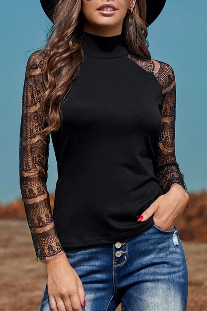 Top de manga larga de ganchillo con encaje y cuello alto