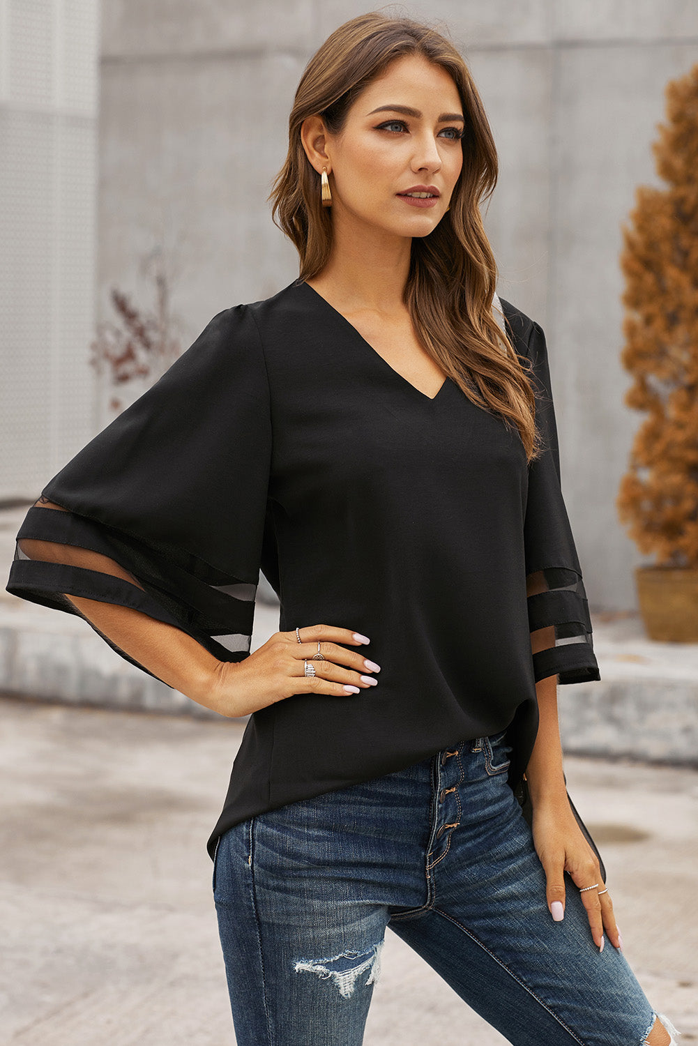 Flare Sleeve V Neck Loose Blouse