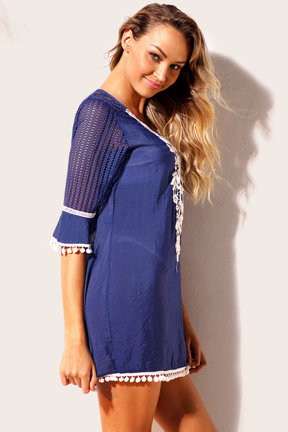 Crochet Pom Pom Trim Beach Tunic Cover up