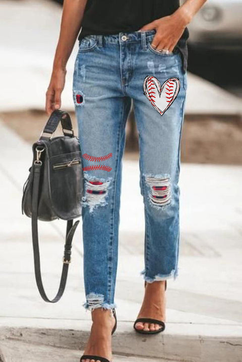Plaid Patchwork Hollow Out Frayed Hem Ripped Jeans