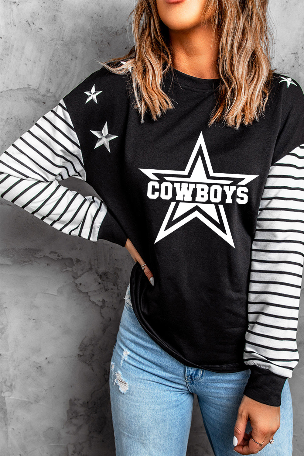 Striped Star Print Patchwork Long Sleeve Top
