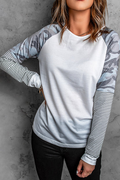 Round Neck Raglan Sleeve Camo Striped Patchwork Top