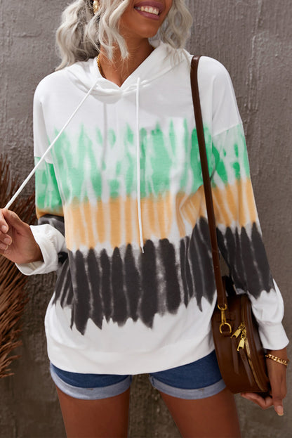 Multicolor Colorblock Tie-dye Drawstring Pullover Hoodie