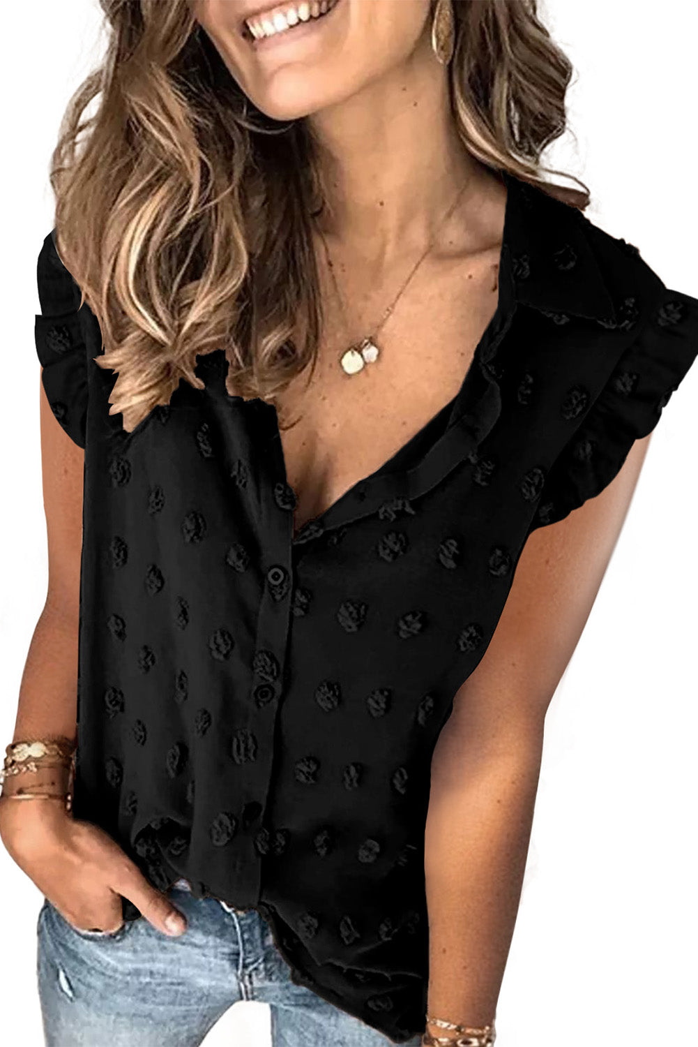 Camiseta sin mangas con cuello vuelto y volantes con lunares