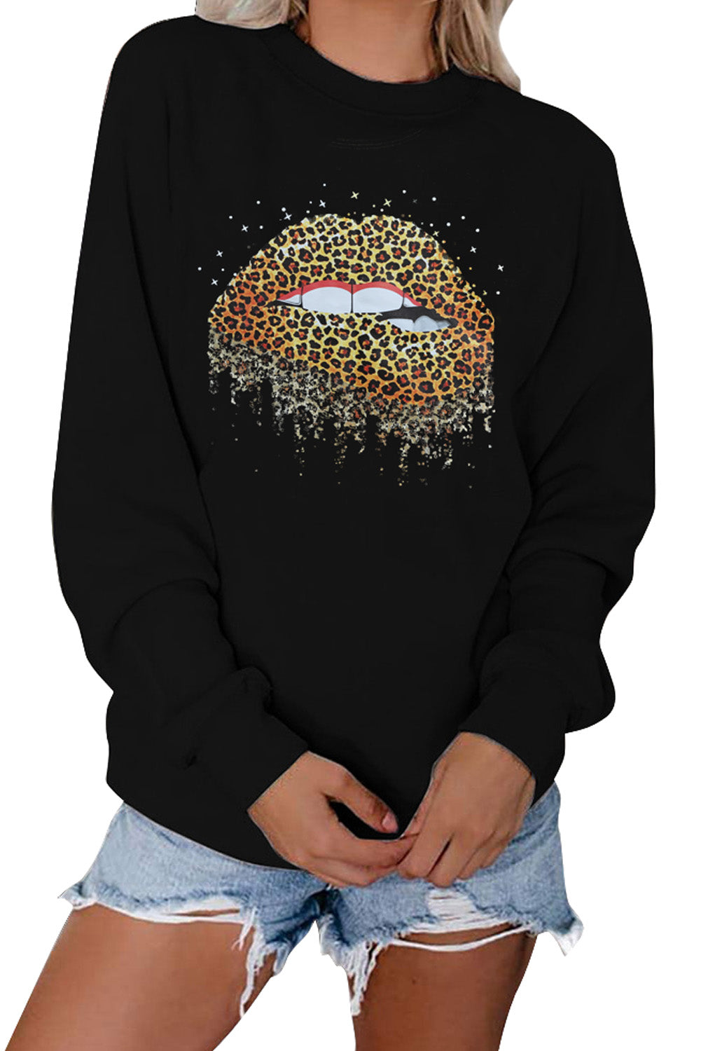 Sweat-shirt ras du cou à imprimé léopard et lèvres 