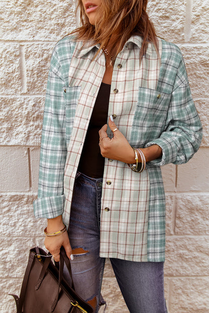 Chemise à manches longues boutonnée à carreaux et blocs de couleurs