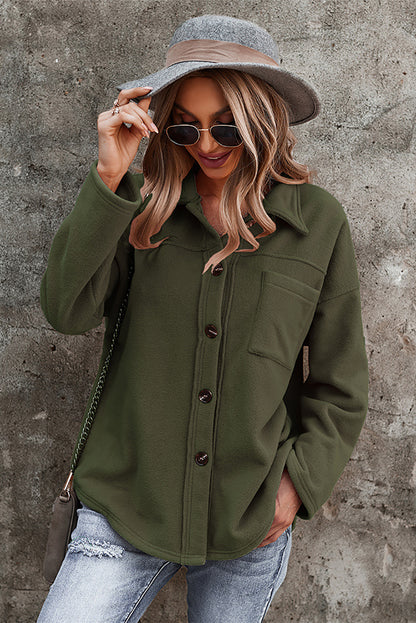 Army Green Turn Down Collar Pocket Button Closure Warm Coat