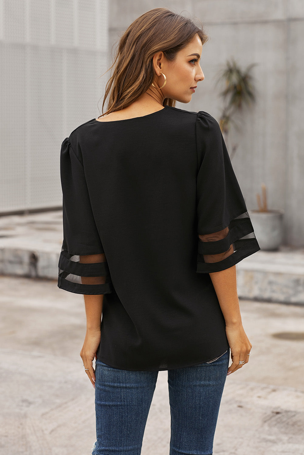 Flare Sleeve V Neck Loose Blouse
