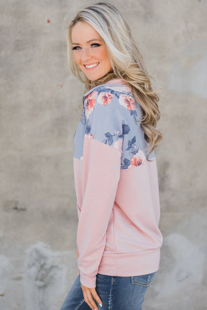 Sweat-shirt à col zippé et poche kangourou rose à imprimé floral