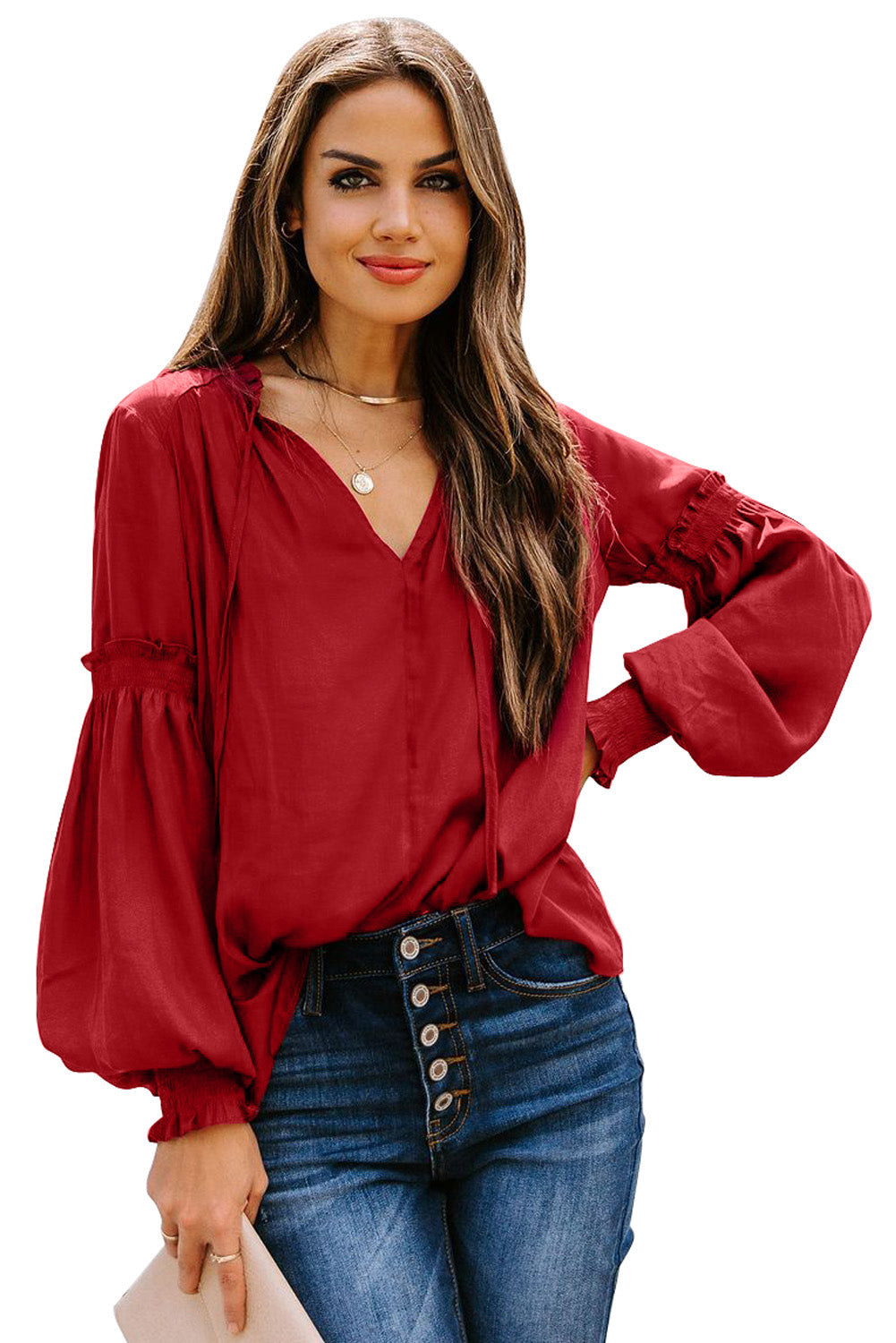 Satin V-neck Lantern Sleeve Drawstring Blouse