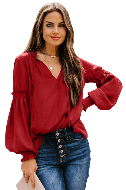 Satin V-neck Lantern Sleeve Drawstring Blouse