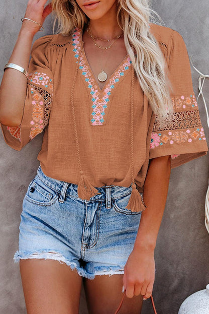 Beige Tassel Drawstring Embroidered Half Sleeve V Neck Top - HannaBanna Clothing