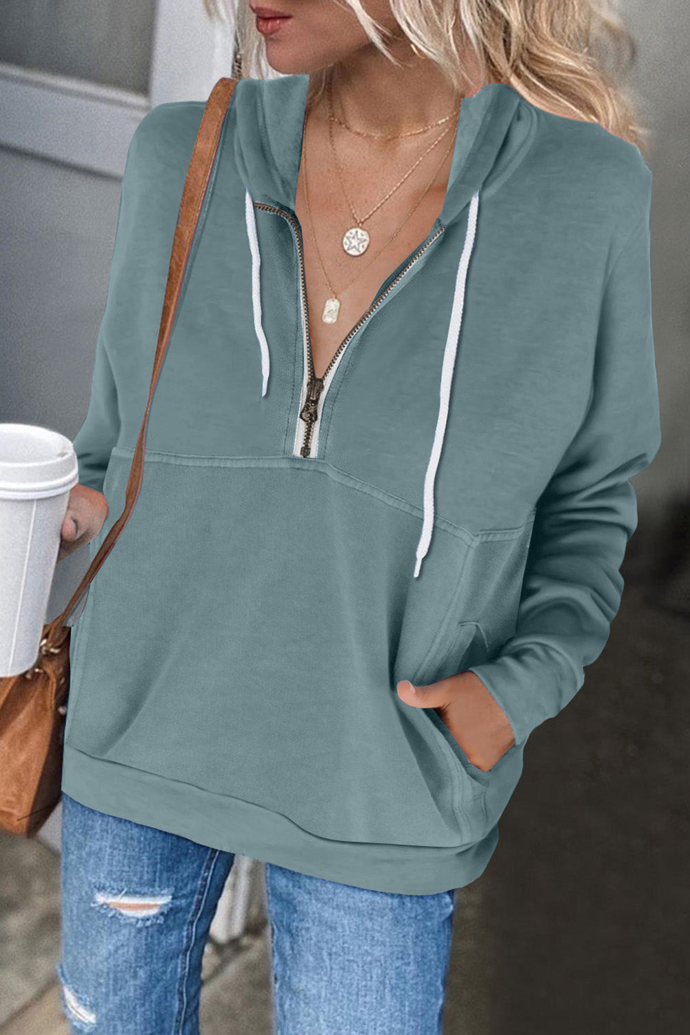 Sweat à capuche à manches longues et demi-fermeture éclair avec poche 