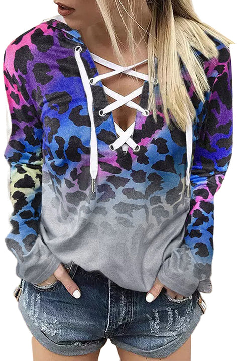 Gradient Lace Up Long Sleeve Pullover Hoodie
