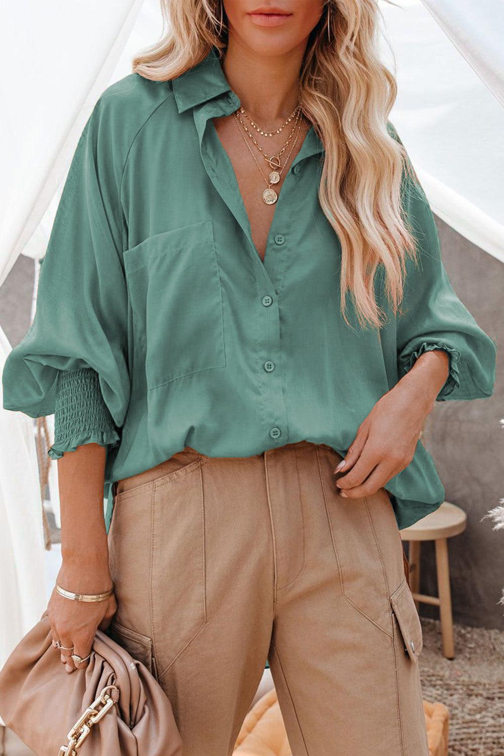 Billowy Sleeves Pocketed Shirt - HannaBanna Clothing