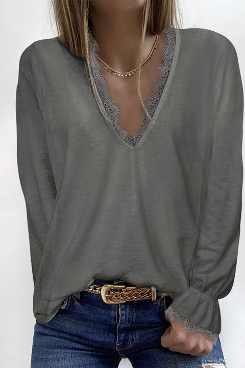 Solid Color Lace V Neck Long Sleeve Top