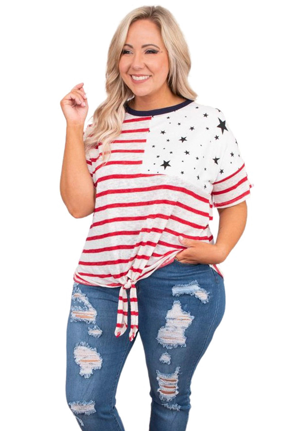 Camiseta de talla grande con estampado de bandera del Día Nacional del 4 de julio con nudo