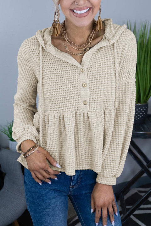 Waffle Knit Buttons Ruffled Hooded Top