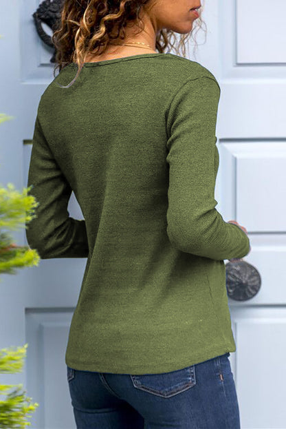 V-neck Button Solid Color Long Sleeve Top