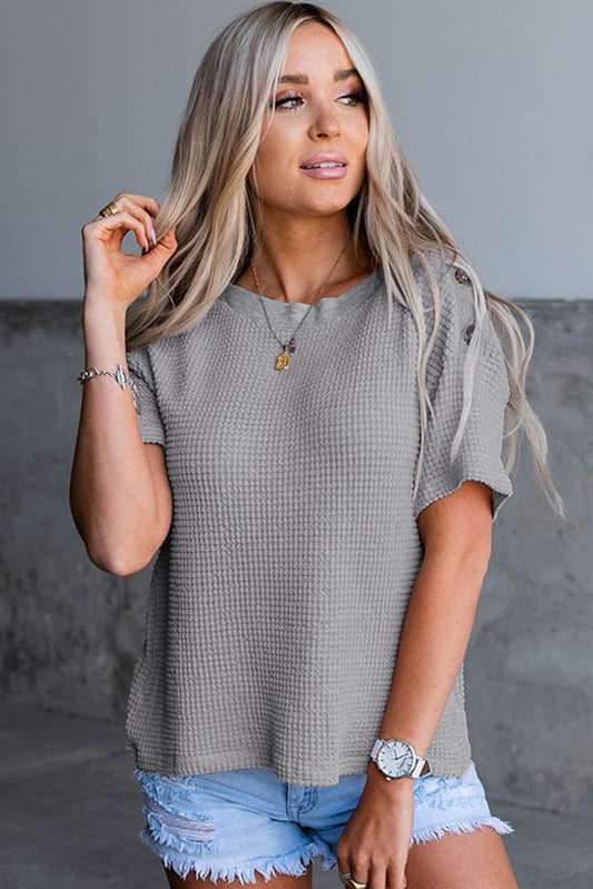 Buttons Short Sleeve Crew Neck Waffle Knit Top