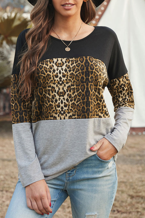 Colorblock Leopard Patchwork Long Sleeve Top