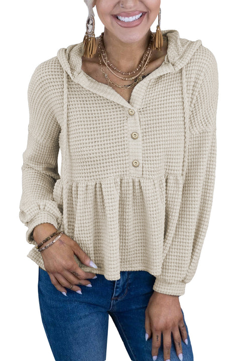 Waffle Knit Buttons Ruffled Hooded Top