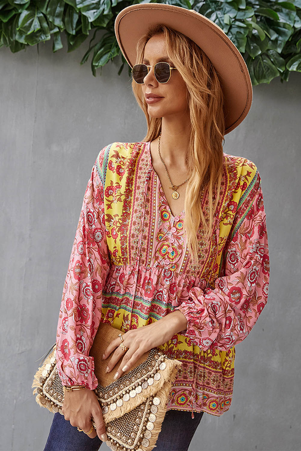 Floral Print Loose Drawstring V Neck Blouse