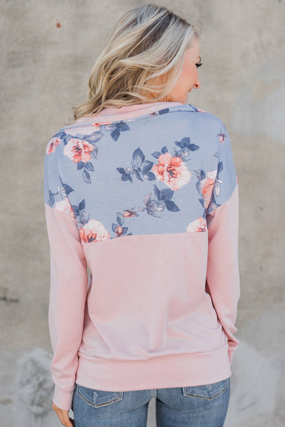 Sweat-shirt à col zippé et poche kangourou rose à imprimé floral