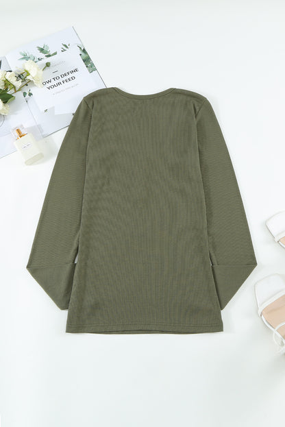 U Neck Button Knit Long Sleeve Top