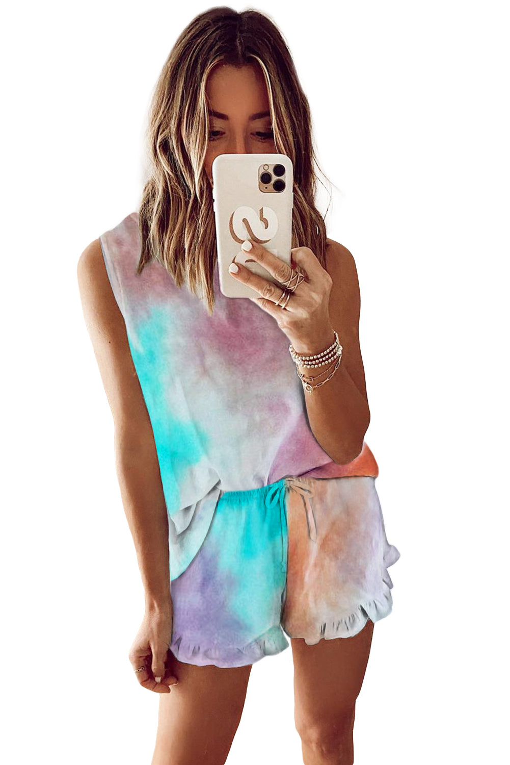 Débardeur bleu clair et short à volants 