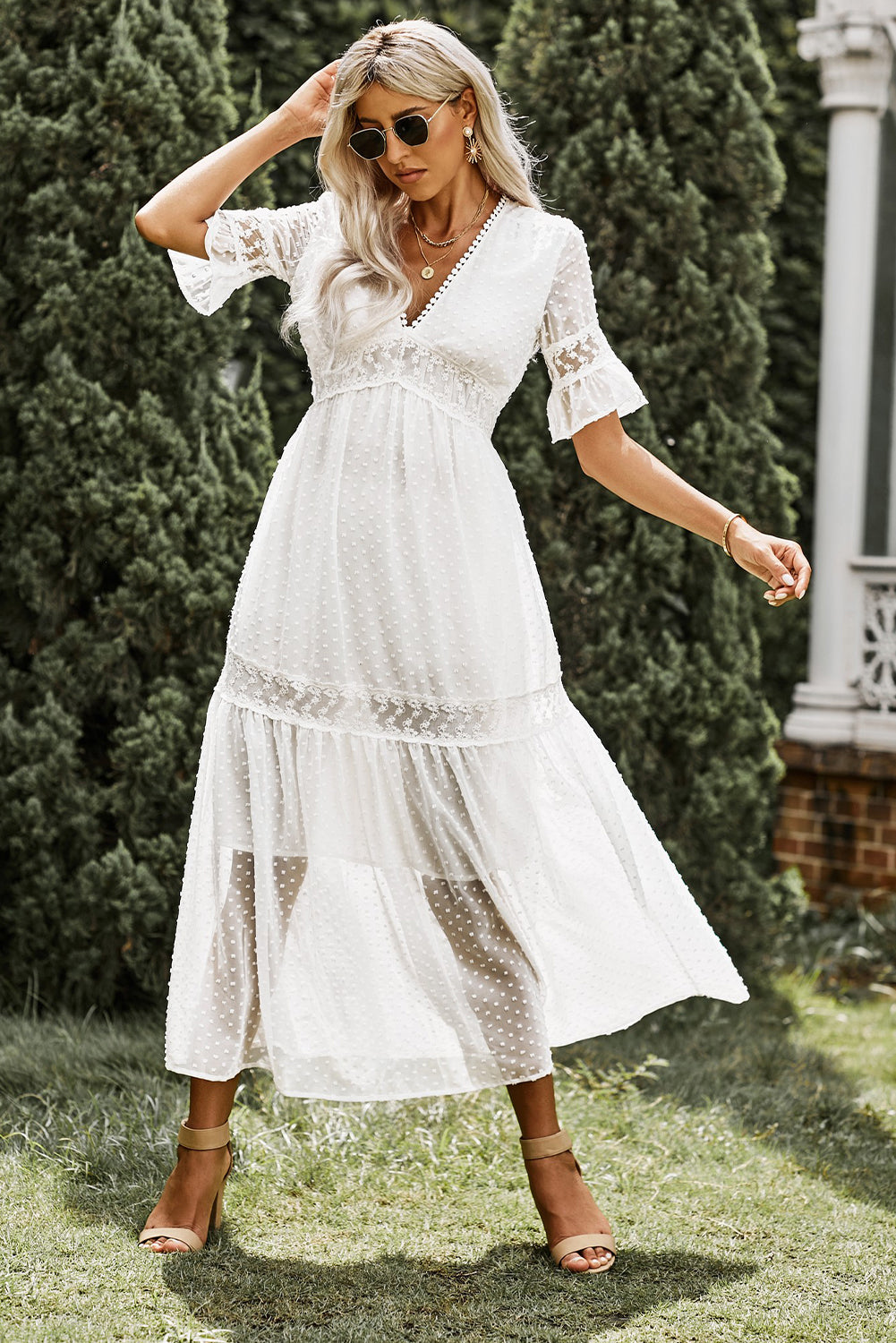 Swiss Dot Lace Trim Maxi Dress