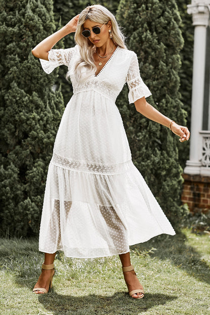 Swiss Dot Lace Trim Maxi Dress