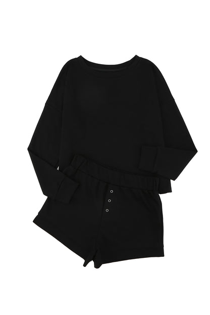 Ensemble deux pièces haut à manches tombantes et short en tricot côtelé gris