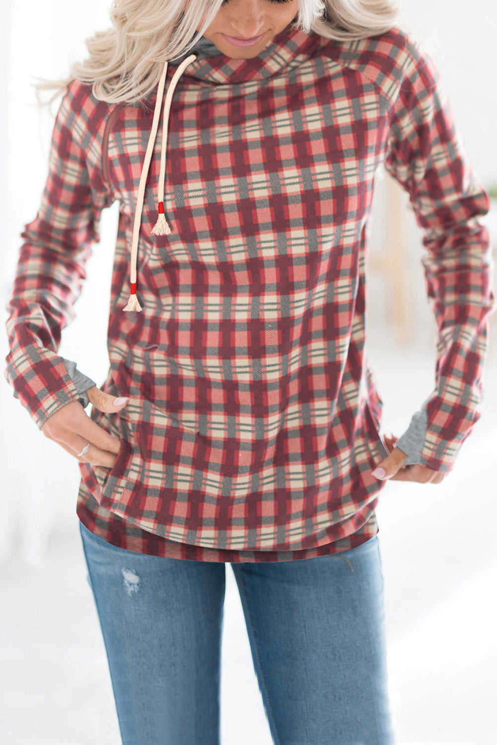 Cowl Neck Plaid Drawstring Hoodie with Thumb Hole