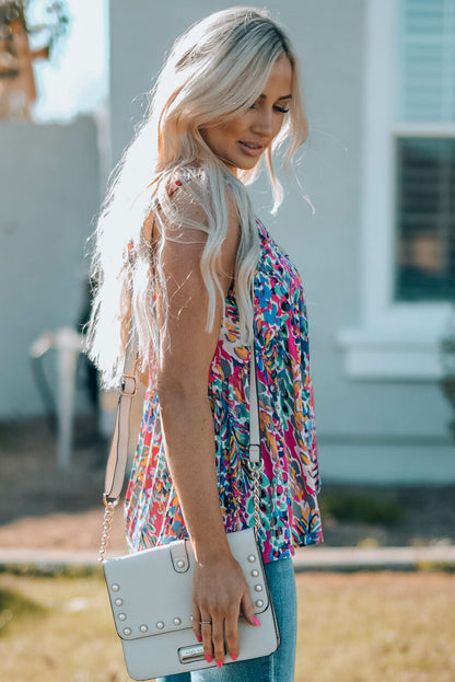 Camiseta sin mangas con cuello en V y volantes con estampado bohemio