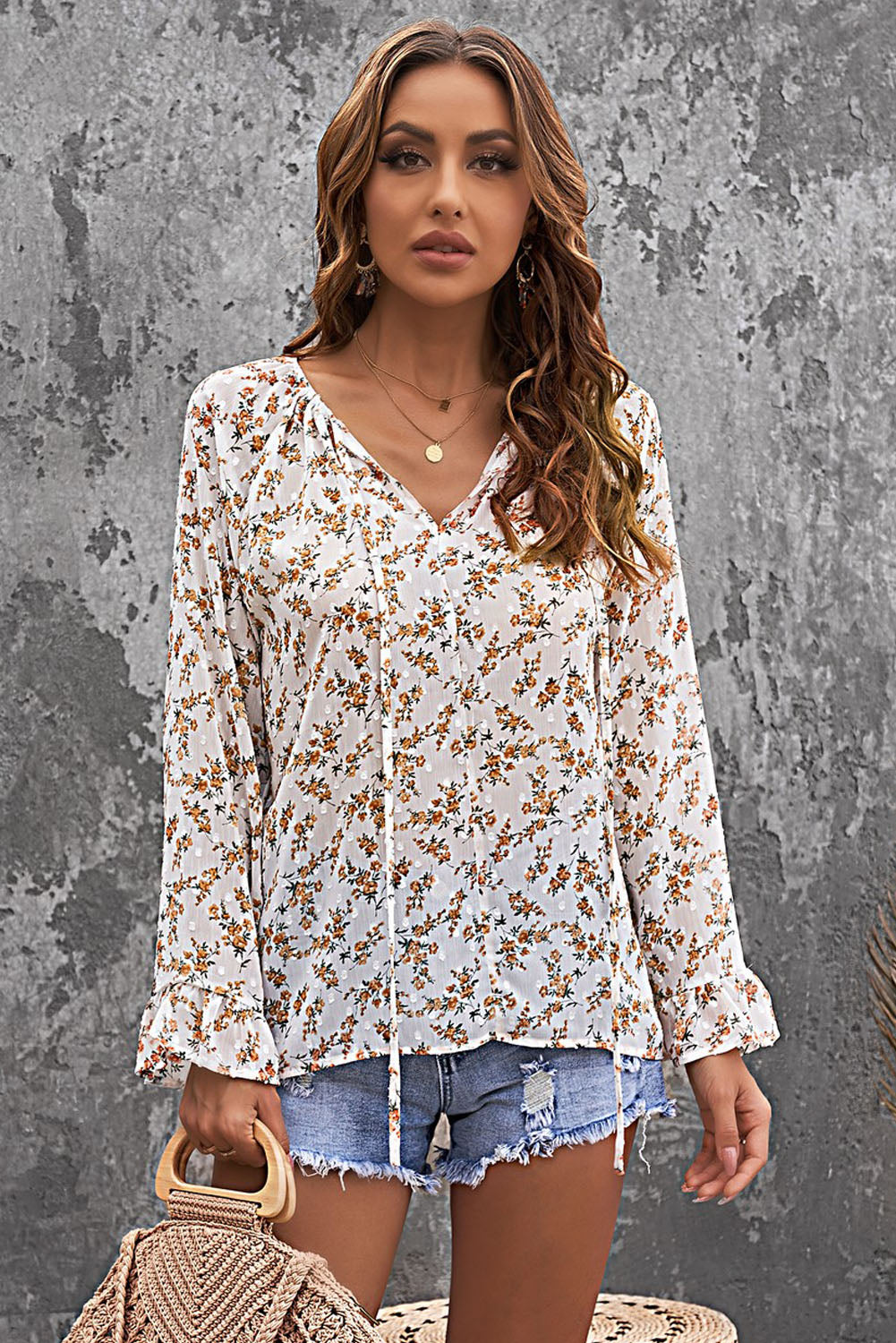 Floral Print Drawstring Long Bell Sleeve Blouse